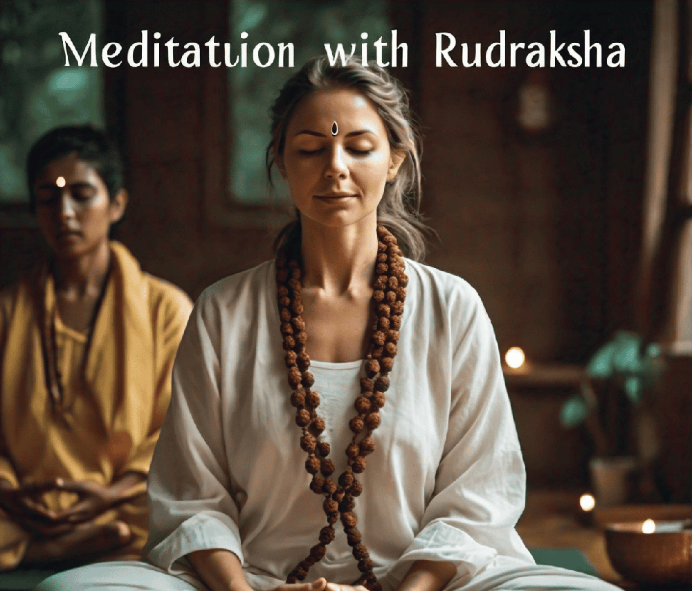 A serene setting of a person meditating with a Rudraksha mala, emphasizing the calming effects of the beads on mental clarity.